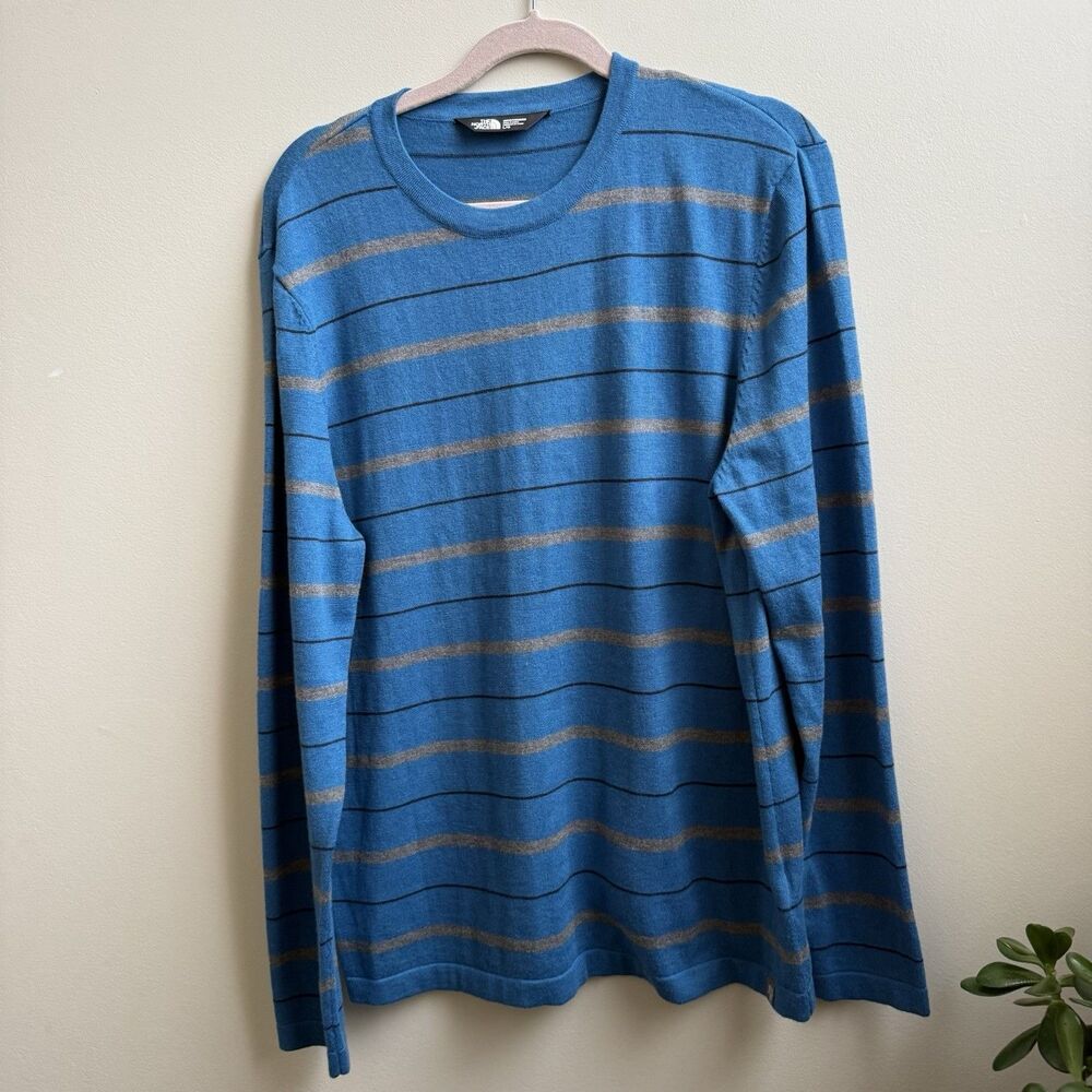 The North Face Vintage Crew Neck Sweater Blue Wool Blend Striped Size Large